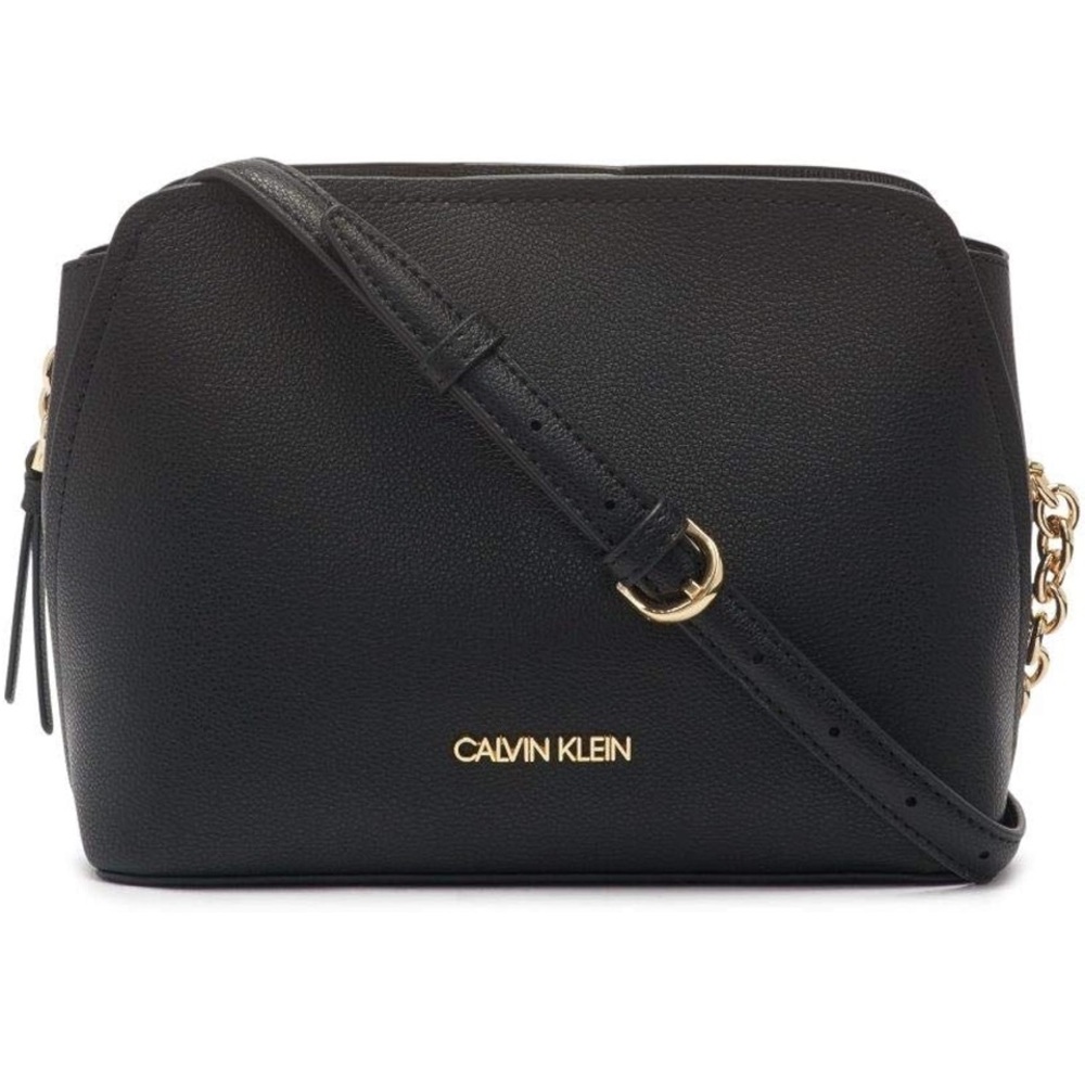 NWT Calvin Klein Hailey Black Pebble Leather Crossbody with Gold Accents & Chain